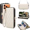 Rssviss Crossbody Case for iPhone 17 Pro Max Case Wallet, RFID Blocking Leather with Card Holder Kickstand, Handbag Zipper Flip Cover with Wrist Strap for iPhone 17 Pro Max Men Women 6.9", White