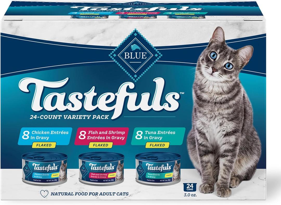Blue Buffalo Tastefuls Flaked Wet Cat Food Variety Pack, Made with Natural Ingredients, Tuna, Chicken, Fish & Shrimp, 3-oz Cans (12 Count, 4 of Each), Best By: FEB. 16, 2028