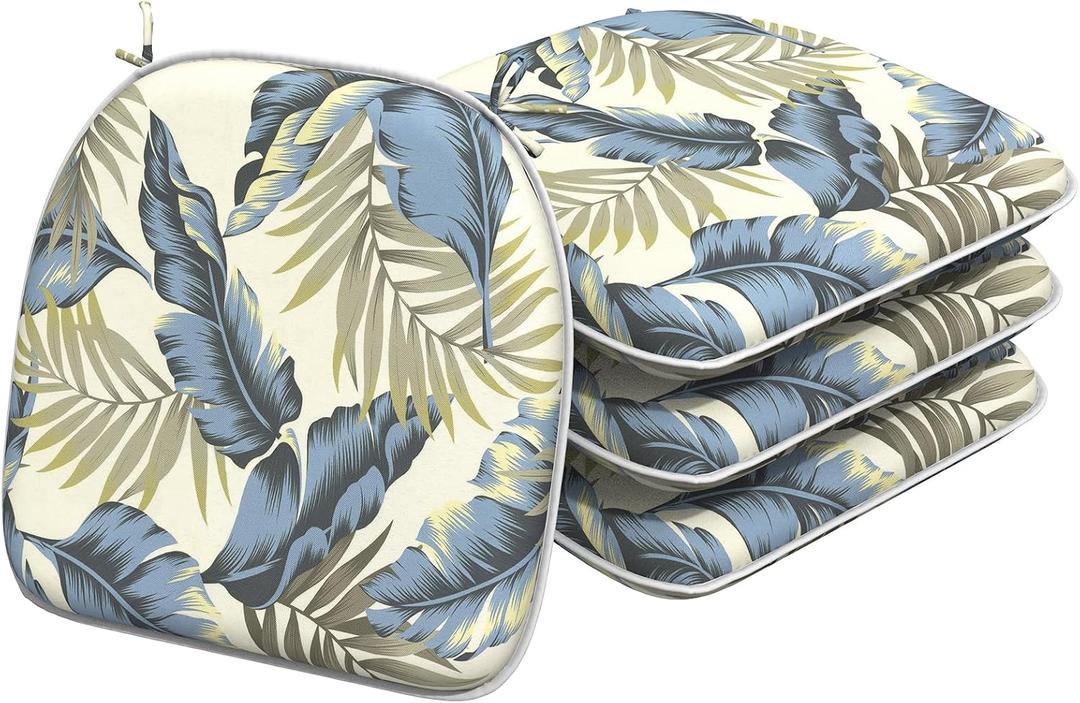 Outdoor/Indoor Chair Cushions with Ties, Waterproof All Weather Seat Cushions for Patio Furniture Home Garden Chair, Set of 4, 16x17 Inch, Lush Palm Blue