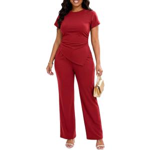 Ekaliy Womens 2 Piece Outfits Short Sleeve Tops Dressy Pant Sets Business Casual Outfits (Red, XXL)