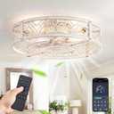 LEDIARY 23" Caged Ceiling Fan with Light, Large Flush Mount, App&Remote Control, Low Profile Bladeless Fan Light Fixture 6 Speed, Reversible and Quiet Motor-White Gold