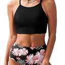 Herseas Women's Black Bikini Sets High Waisted Two Pieces Popular Swimsuits High Round Neck Crop Padded Top Modest Tropical Leaf Print Bottom Bathing Suits Beach Vacation Clothes Small