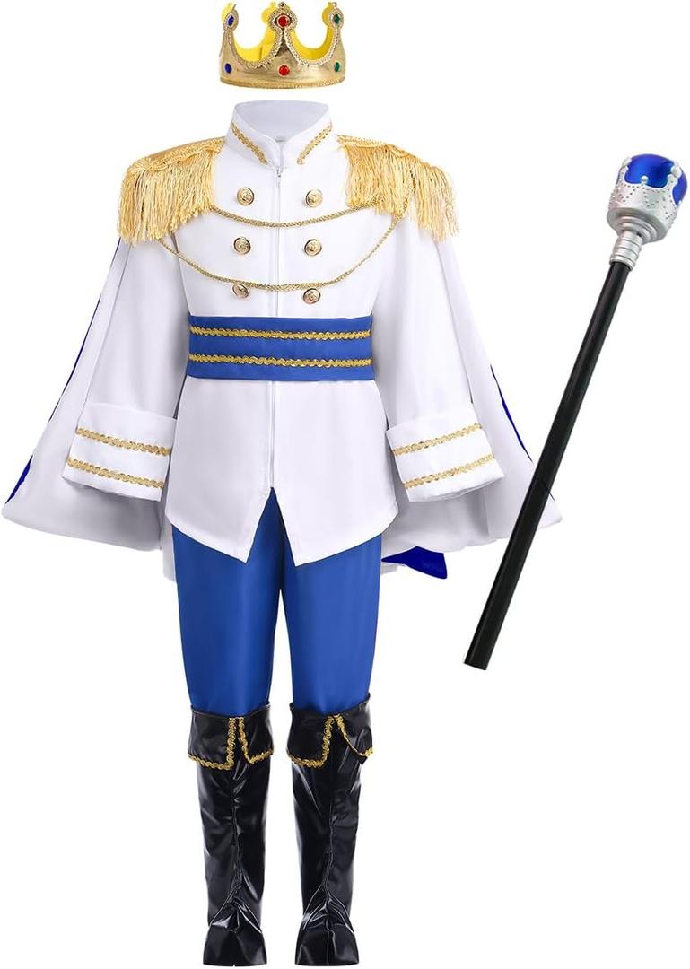 ODIZLI Prince Charming Costume Kids Boys Halloween Carnival Dress Up Fancy Cosplay Suits (9-10 Years, Blue Suit+crown+scepter)