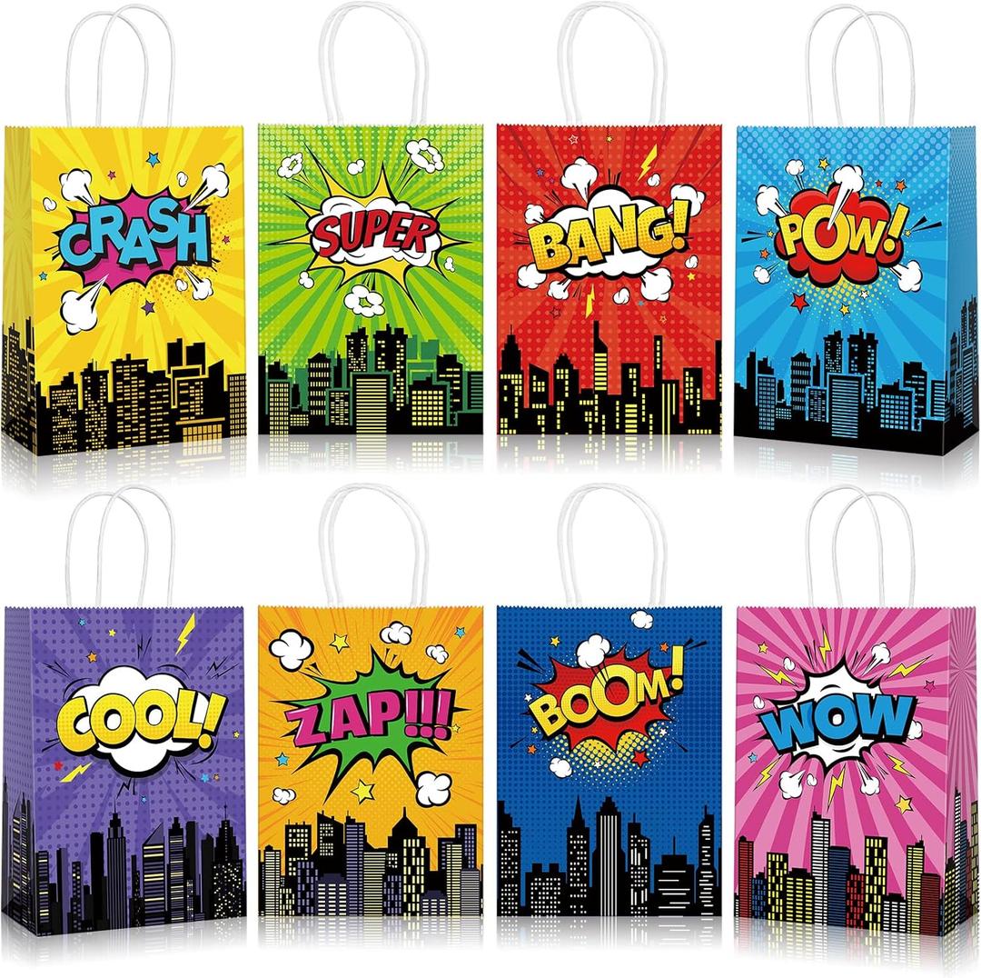 YIDAKO 24pcs Hero Party Favors Bags, Hero Goodie Candy Bag Gift Bags with 8 Different Types, Comic Kraft Paper Bag for Birthday Party Supplies Baby Shower Decorations
