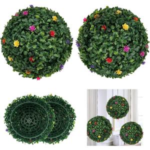 2PCS Artificial Boxwood Topiary Ball with Flowers 11 INCH 3 Layers Hanging Topiary Ball for Home Garden Wedding Party Decor Environmental UV Protected Faux Boxwood Decorative Ball