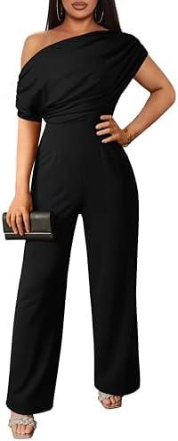 YMDUCH Women's Casual Sleeveless Off Shoulder Wide Leg Long Pant Jumpsuits L