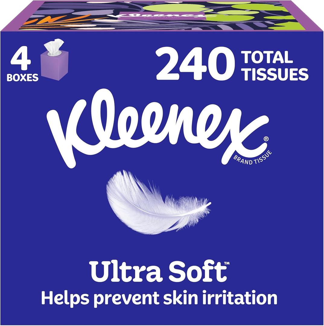 Kleenex Ultra Soft Facial Tissues, 4 Cube Boxes, 60 Tissues per Box