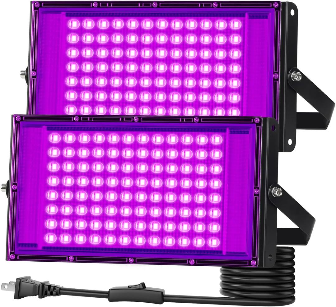 2 Pack 100W Black Light IP66 Waterproof with 6ft Plug+Switch, Outdoor Blacklights Floodlight Lights for Glow in The Dark Party, Halloween, Fluorescent Poster, Birthday, Neon