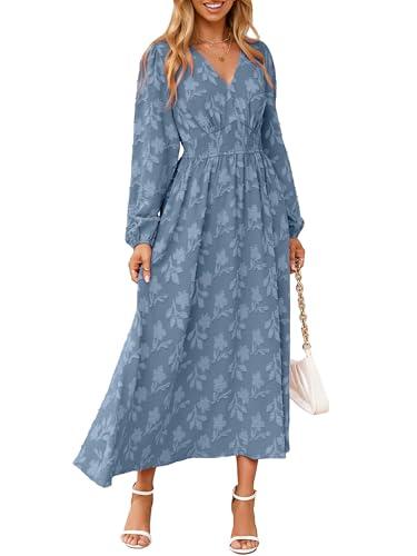 Simplee Womens Boho Floral Long Sleeve Maxi Dress V Neck Empire Waist Fall Wedding Guest Dresses with Pockets Dusty Blue S