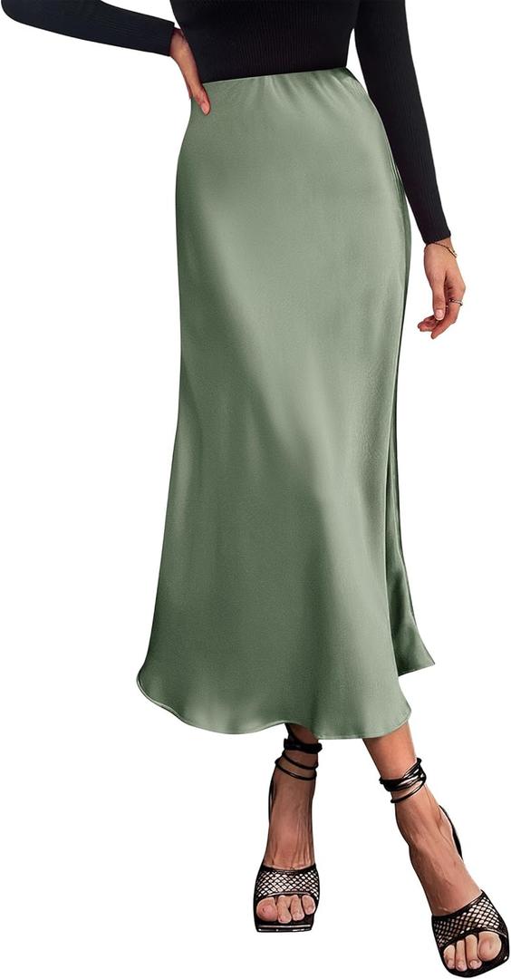 PRETTYGARDEN Women's Satin Skirts Dressy Casual 2025 Fall High Waisted Cocktail Wedding Flowy Elegant A Line Midi Skirt (Light Green) (Large)