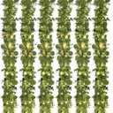 Dolicer 6 Packs 6FT Artificial Eucalyptus Garland with LED Light String, Faux Greenery Garland Hanging Fake Silver Dollar Eucalyptus Leaves Vines for Wedding Backdrop Arch Table Wall Party Home Decor (Grey Green With Light)