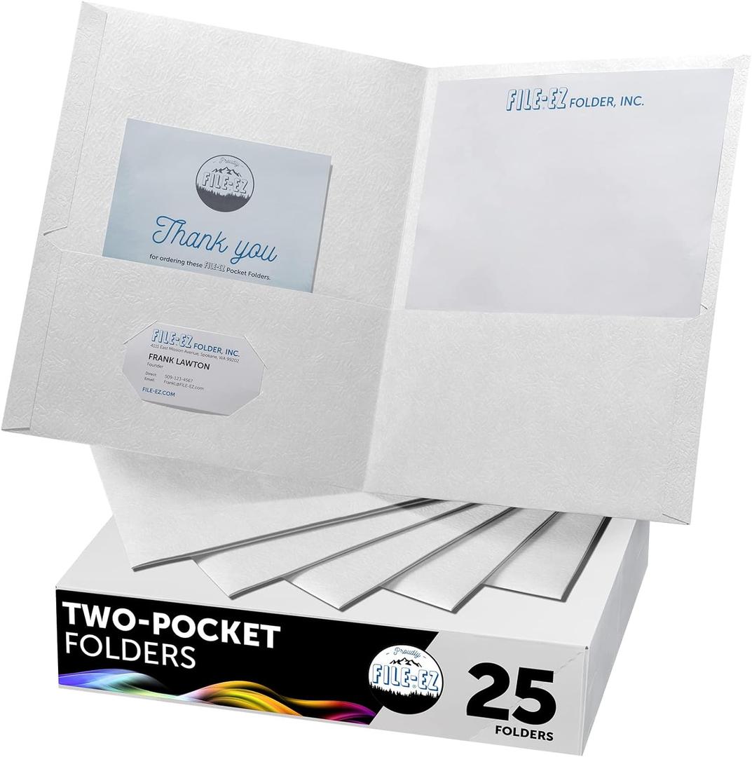 FILE-EZ Two-Pocket Folders, White, 25-Pack, Textured Paper, Letter Size (EZ-32510)