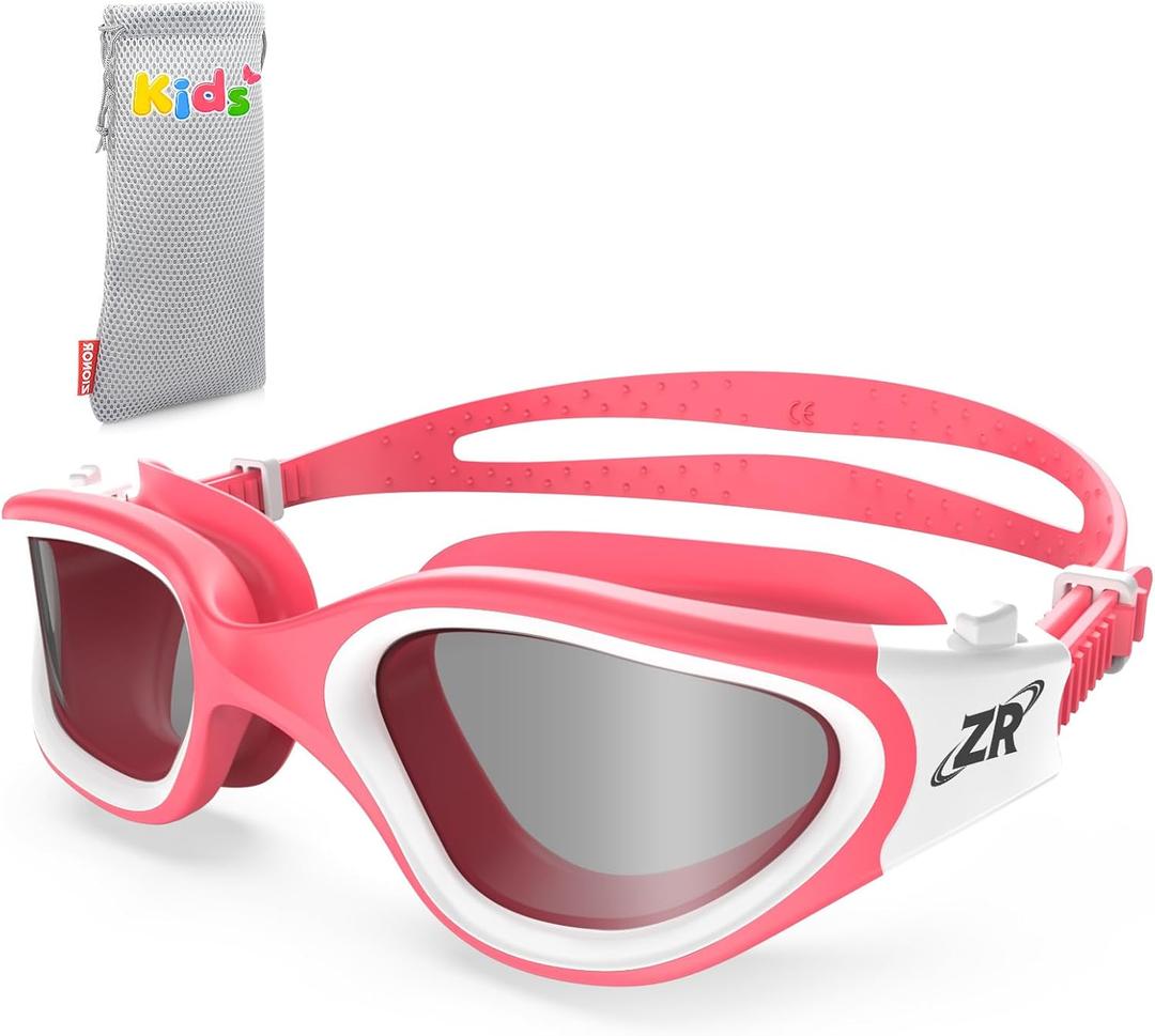 ZIONOR Kids Swim Goggles, G1 MINI UV Protection Anti-Fog Polarized Swimming Goggles for Age 6-14 (A9(bright Smoke Lens + Pinkwhite Frame))