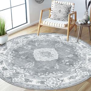 MUJOO Grey Round Rug 5ft,Circle Washable Area Rugs for Bedroom Living Room Bathroom,Boho Vintage Bohemian Distressed Farmhouse Large Non Slip Circular Carpet,Floral MUJOO Grey Round Rug 5ft,Circle Washable Area Rugs for Bedroom Living Room Bathroom,Boho Vintage Bohemian Distressed Farmhouse Large Non Slip Circular Carpet,Floral