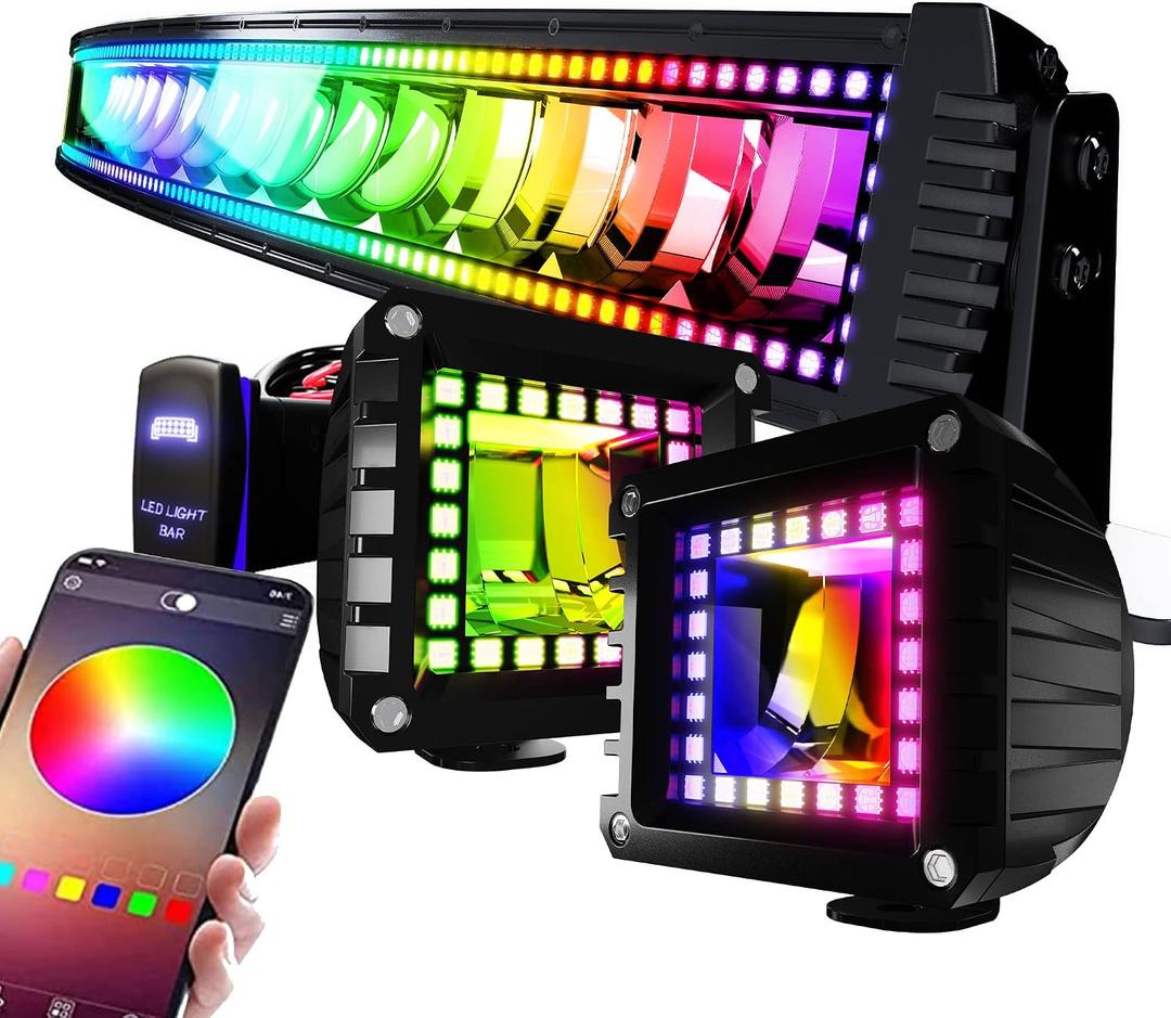 42" Curved RGB LED Light Bar 2X 4 Flood LED Pods with Chasing RGB Halo 16 Solid Colors Offroad Driving Fog Lights with Switch Wiring Harness