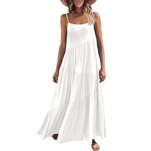 ECOWISH Women Sleeveless Maxi Dress: 2024 Summer Spaghetti Strap Casual Maternity Dress Dressy Floral Flowy Dress Solid White M