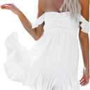 Women's Off Shoulder Mini Dress Sweetheart Neck Smocked Ruffle Flowy Swing Short White Sundress 2024