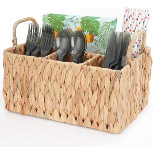 Wicker Party Silverware Caddy, Water Hyacinth Plastic Cutlery Utensil Holder, Hand Woven with Handles, Kitchen Countertop and Picnic flatware Organizer (4 compartments)