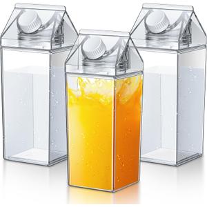 Remerry 3 Pcs Milk Carton Water Bottle Square Plastic Coffee Portable Reusable Milk Carton Cup Leakproof Juice Bottle (25 oz, Clear)