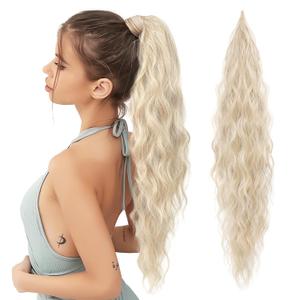 FLUFYMOOZ Ponytail Extension, Flexible Wrap Around Ponytail Extension Long Wavy Curly Ponytail Hair Extensions Natural pony tail Synthetic Hairpiece for Women 32 Inch (Cool Blonde)