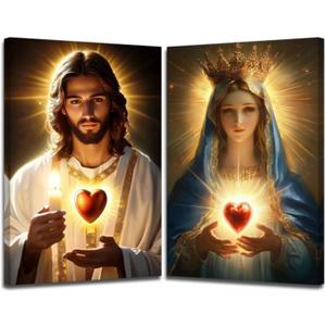 XLMDYYSW Sacred Heart Canvas Wall Art 2 Panel Jesus and Mary Portrait Picture God Divine Mercy Painting Christian Catholic Prints for Church Decor Framed (White, 16.00" x 24.00" x 2PCS)