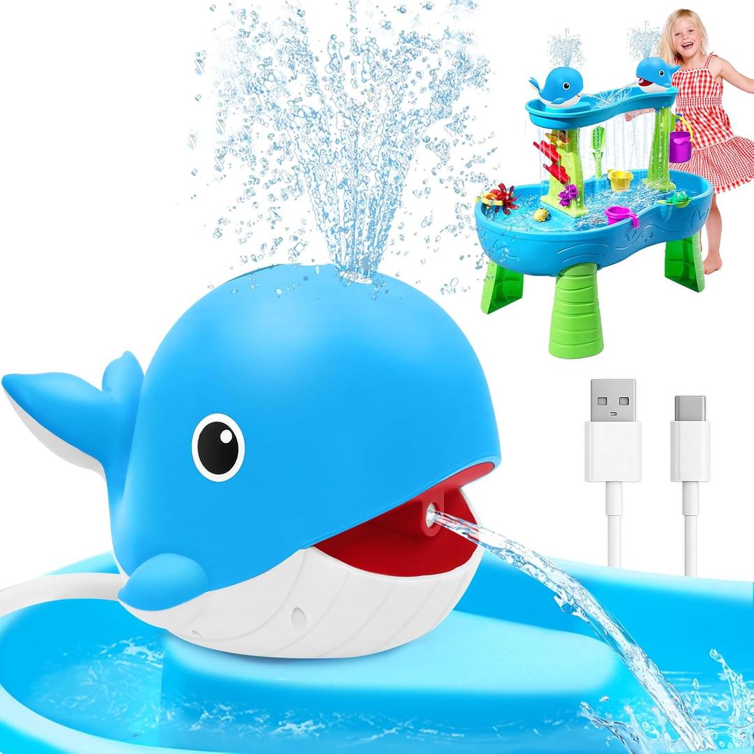 Water Table Pump, Rechargeable Water Pump for Water Table, 3.5 Hours Non-Stop Whale Pump with Sprinkler Outdoor Games Water Toys for Kids Toddlers, Outside Water Play Table Accessories (Blue)