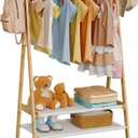 Kids Clothing Rack with 2 Fabric Shelves, Foldable Child Garment Stand with Hanging Rod, Small Dress Up Organizer, Bamboo (Natural)