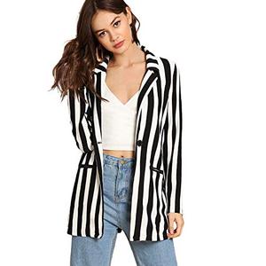Floerns Women's Casual Work Office Open Front Striped Blazer, Black/White, Size Medium 
