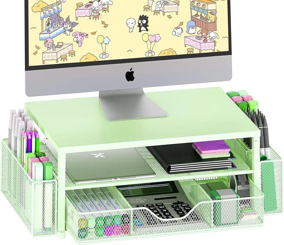 OPNICE Desk Organizers and Accessories, 2-Tier Computer Monitor Stand Riser with Drawer and 2 Pen Holders, Laptop Stand, Office Desk Accessories for Office Supplies, Green (Green 1-Pack)