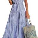 utcoco Womens Casual Short Sleeve Button Down Tie Waist Ruffled Striped Maxi Shirt Dress (Large, Blue)