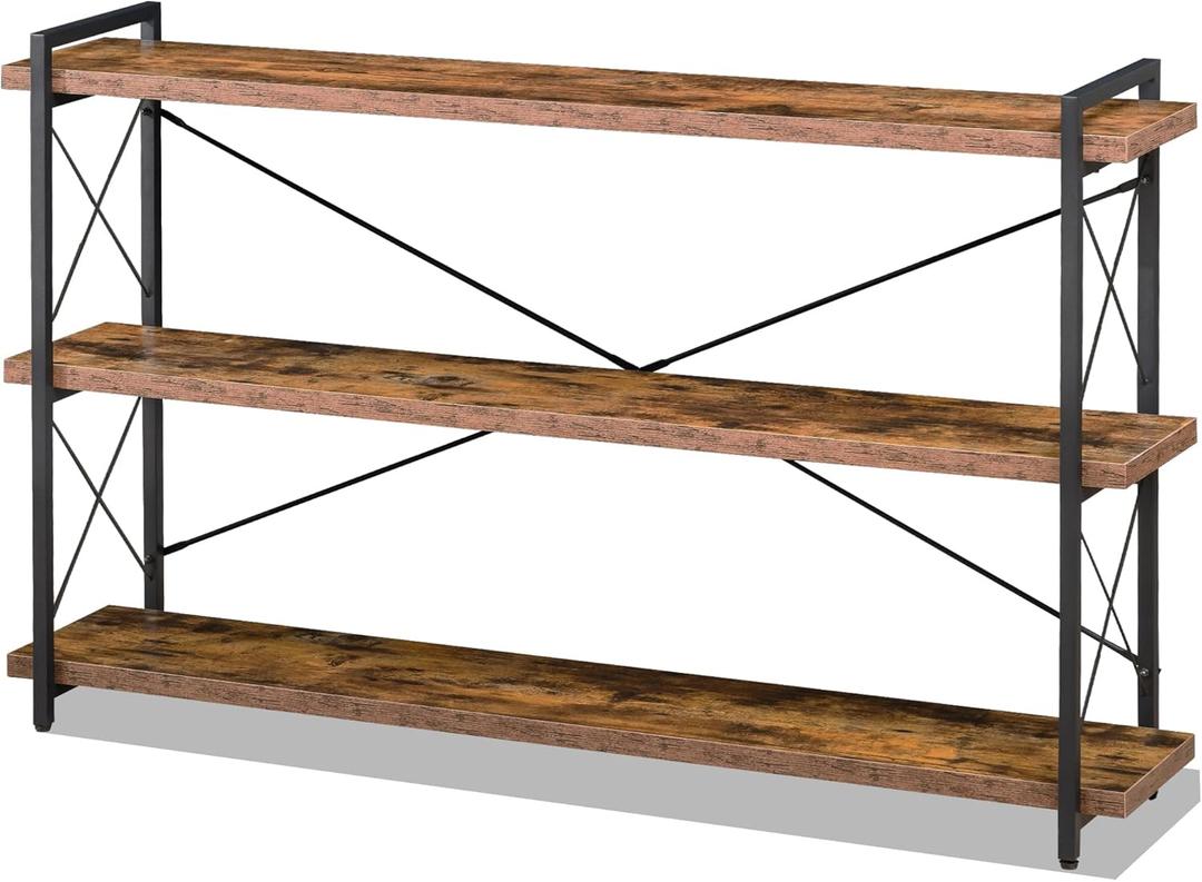 HCHQHS Bookshelf, 3-Tier Long Industrial Bookcase, Rustic Open Book Shelf, Freestanding Horizontal Bookshelves with Metal Frame (3-Tier (56.7"W x 35.8"H), Rustic Brown)