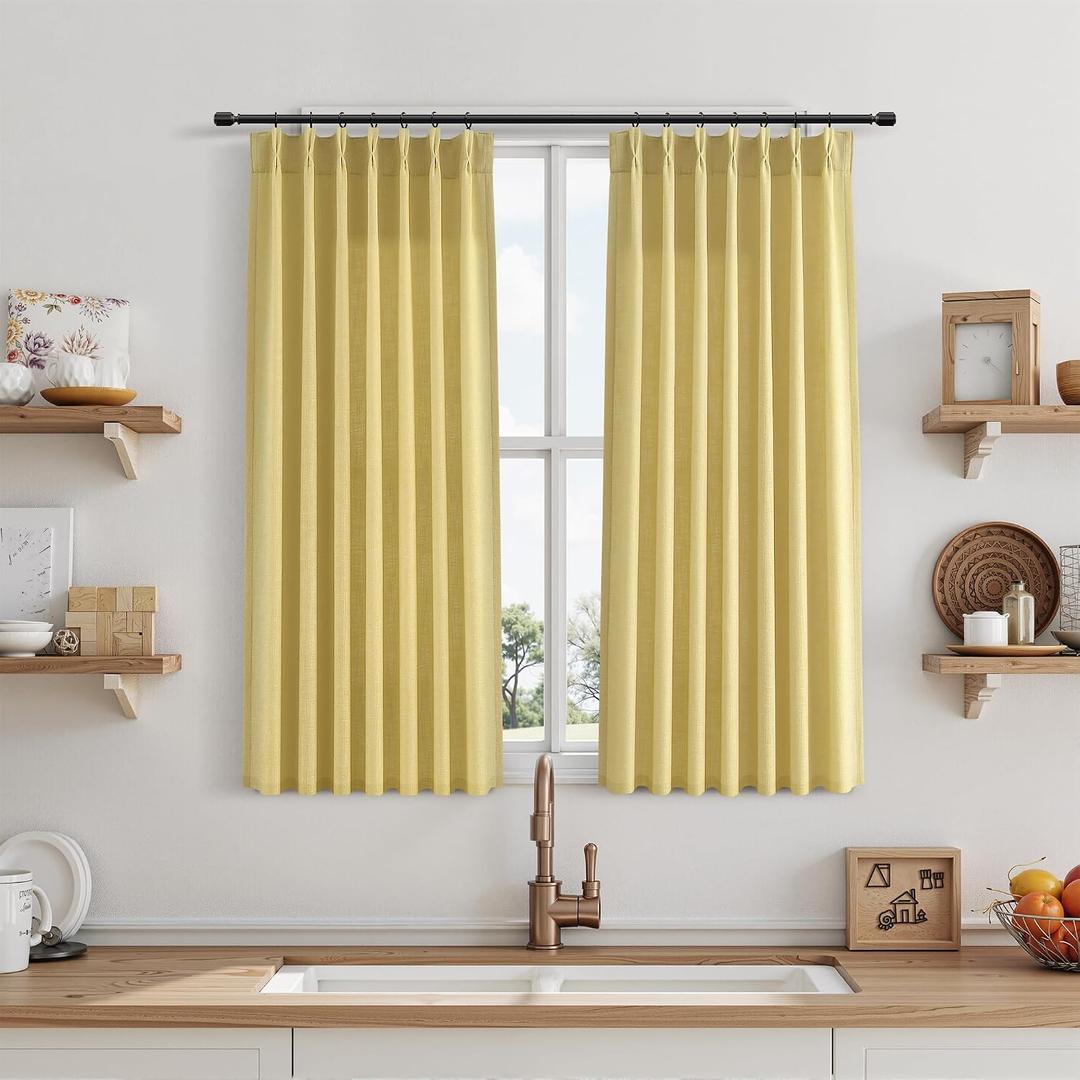 Yellow Linen Curtains 40 Inch Length 2 Panel Set for Small Windows Modern Rustic Country Linen Cotton Light Filtering Drapes Privacy Pinch Pleated Back Tab Semi Sheer Kitchen Curtains 40 Inches Long, 34"W x 40"L