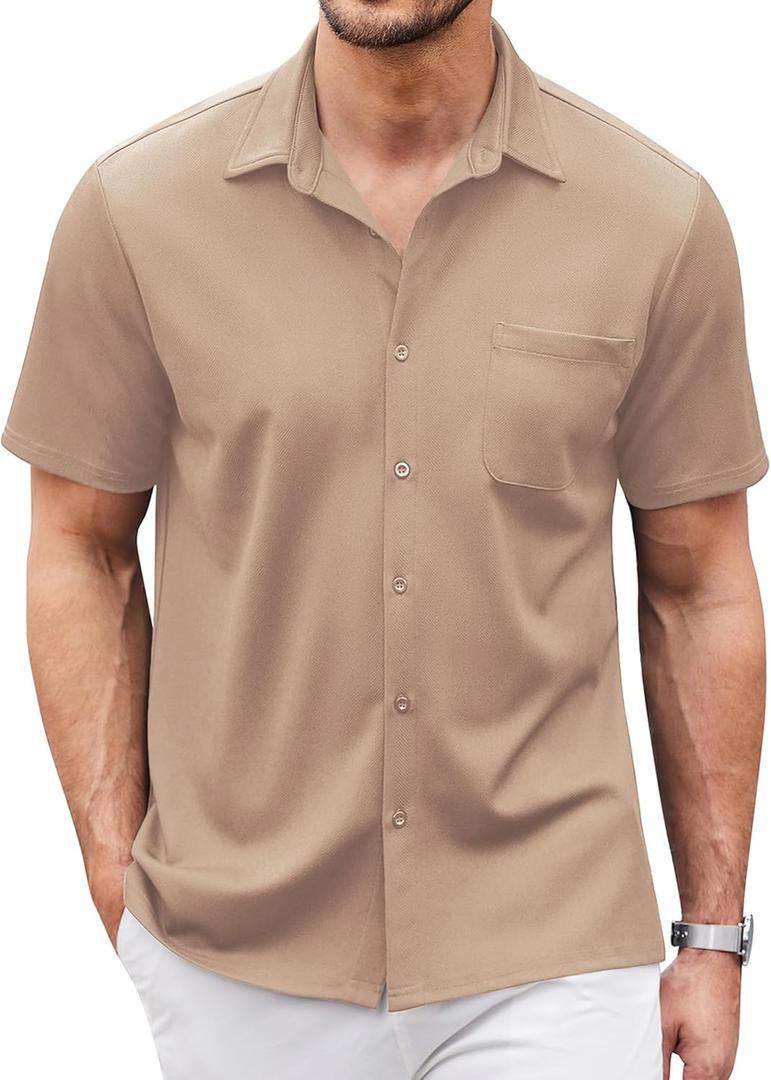 COOFANDY Men's Casual Button Down Shirts Short Sleeve Regular Fit Untucked Dress Shirts Knit Textured (M)