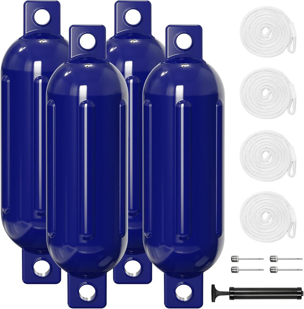 Boat Bumpers - 4 Pack 8.5" x 27" Boat Fenders for Docking, Inflatable Twin Eyes Ribbed Vinyl Boat Buoys Bumpers with Ropes and Air Pump, for Jon Boats, Pontoon Boats, Yachts, Fishing Boats (Navy Blue)