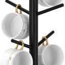 Coffee Mug Holder with 6 Hooks, Bamboo Mug Tree Stand for Countertop, Black | Non-Slip Coffee Cup Holder, Stable Wooden Base, Mug Rack for Kitchen Coffee Bar Cabinet Decor, Space-Saving, Easy to Assemble