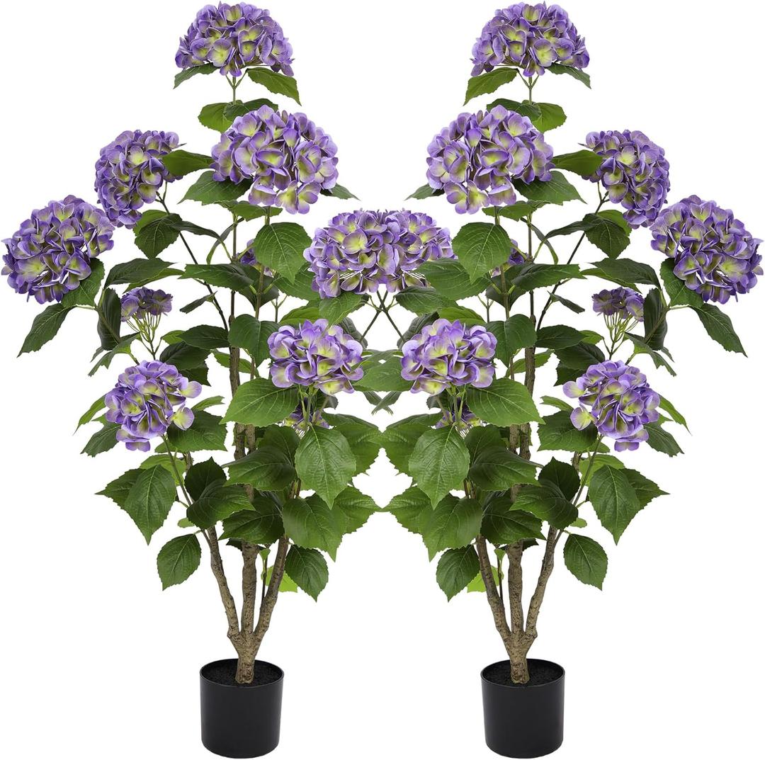 Nafresh 4FT Real Touch Faux Hydrangea Tree Outdoor, 2 Pack Purple Hydrangea Tree Artificial with Vibrant Blooms, Faux Hydrangea Potted Plant for Indoor Outdoor Home Front Porch Pation Decor