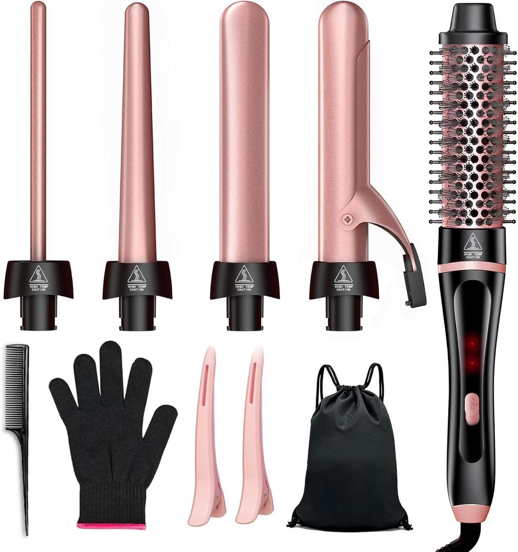 5 in 1 Curling Iron & Thermal Brush Set with 4 Interchangeable Ceramic Barrels (0.35-1.25) Fast Heat Dual Voltage Travel Hair Tools Birthday Gift for Women - Hair Curler Wand Kit for Curls & Blowout