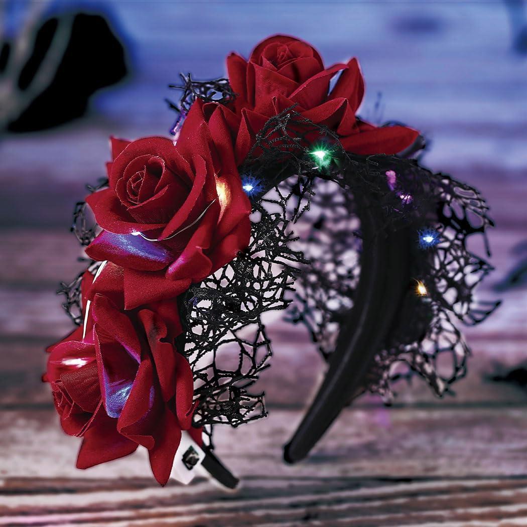 JEAIRTS LED Flower Mexican Headband Day of The Dead Rose Headpiece Gothic Halloween Costume Hair Accessories for Women