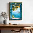 Mediterranean Window View Poster Coastal Wall Art Seaside Wall Decor Lemon Tree Canvas Print For Living Room Bedroom Office 12x16inch Golden frame