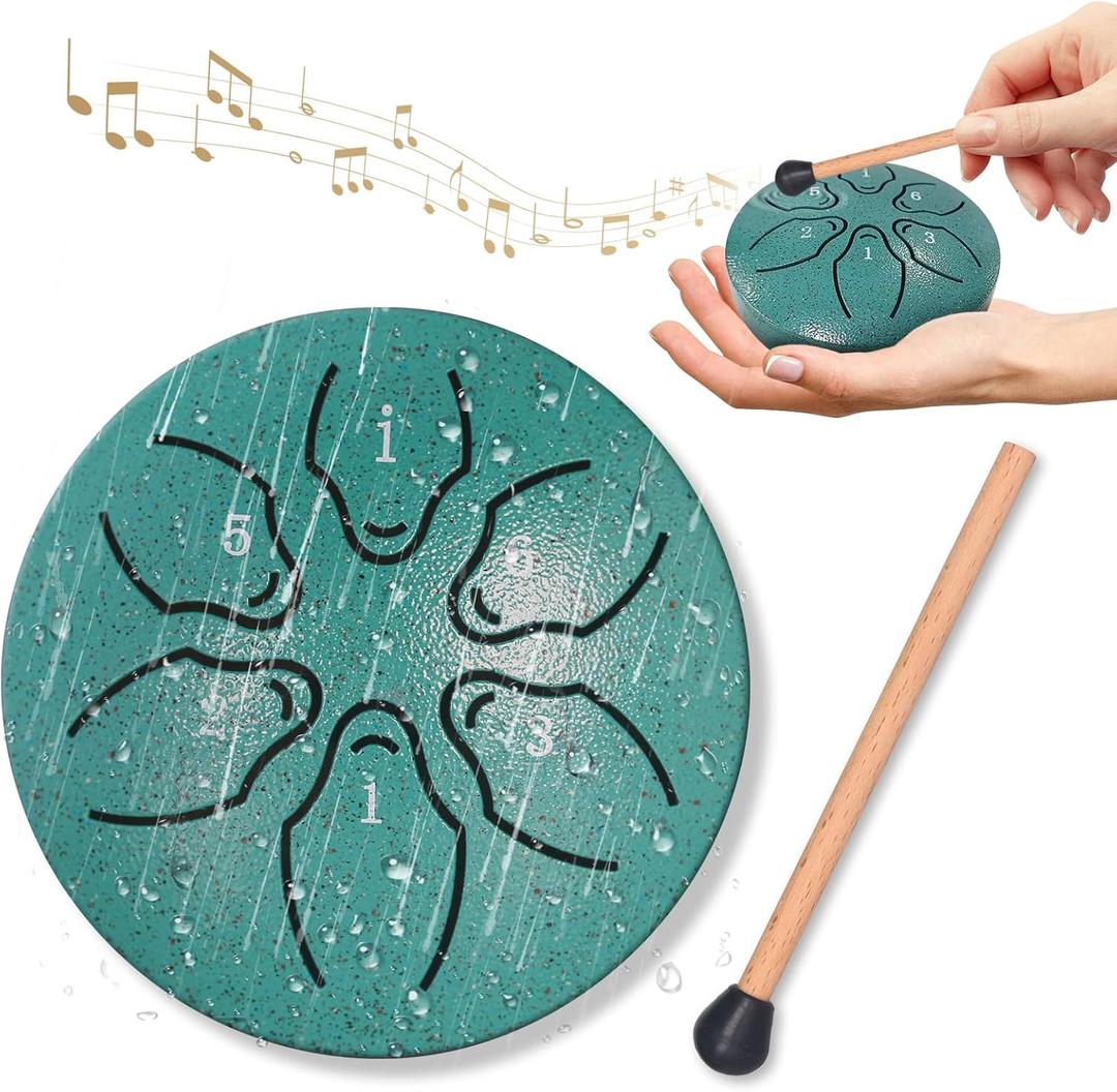 Rain Drum for Outside Garden, 3 Inch 6 Notes Steel Tongue Drum Rain Chime, Chakra Drum for Rain with music book (Green)