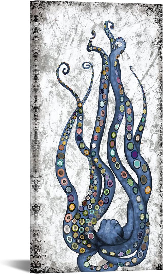 iKNOW FOTO Vertical Canvas Wall Art Abstract Grey and Blue Octopus Painting Printed on Canvas Sea Life Picture Poster Gallery Wrap Vintage Farmhouse Home Décor Ready to Hang 20x40 Inches
