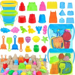 Collapsible Beach Toys Set for Kids Toddlers, Travel Beach Sand Castle Kits with Mesh Bag & Molds, Collapsible Sand Bucket and Shovel Set, Sandbox Toys for Toddlers Kids Age 3-12
