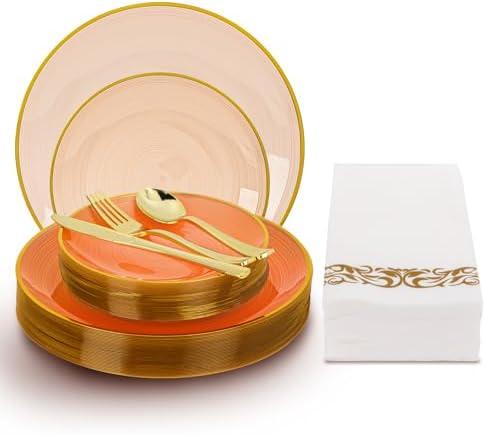 N9R 180PCS Orange Plastic Plates with Gold Trim, Disposable Party Dinnerware Set for 30 Guests, Include 30 Dinner & Salad Plates, Napkins, Forks, Spoons, Knives, Perfect for Wedding, Dinner Party