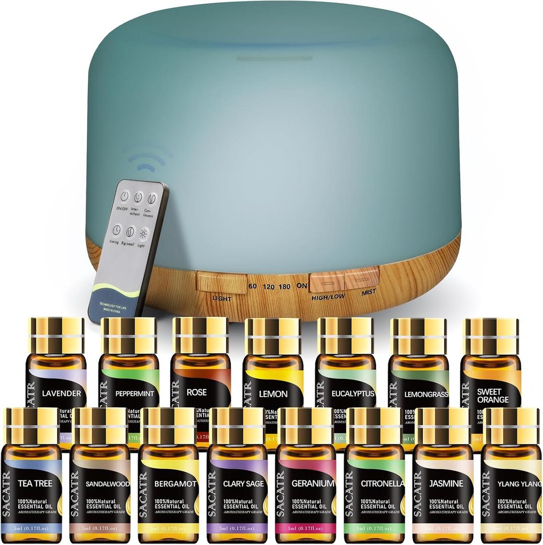 SACATR 500ml Essential Oil Diffuser with 15 Essential Oils, Ultrasonic Cool Mist Humidifier, Remote Control, 4 Timers, 15 Color Lights, Auto Shut-Off
