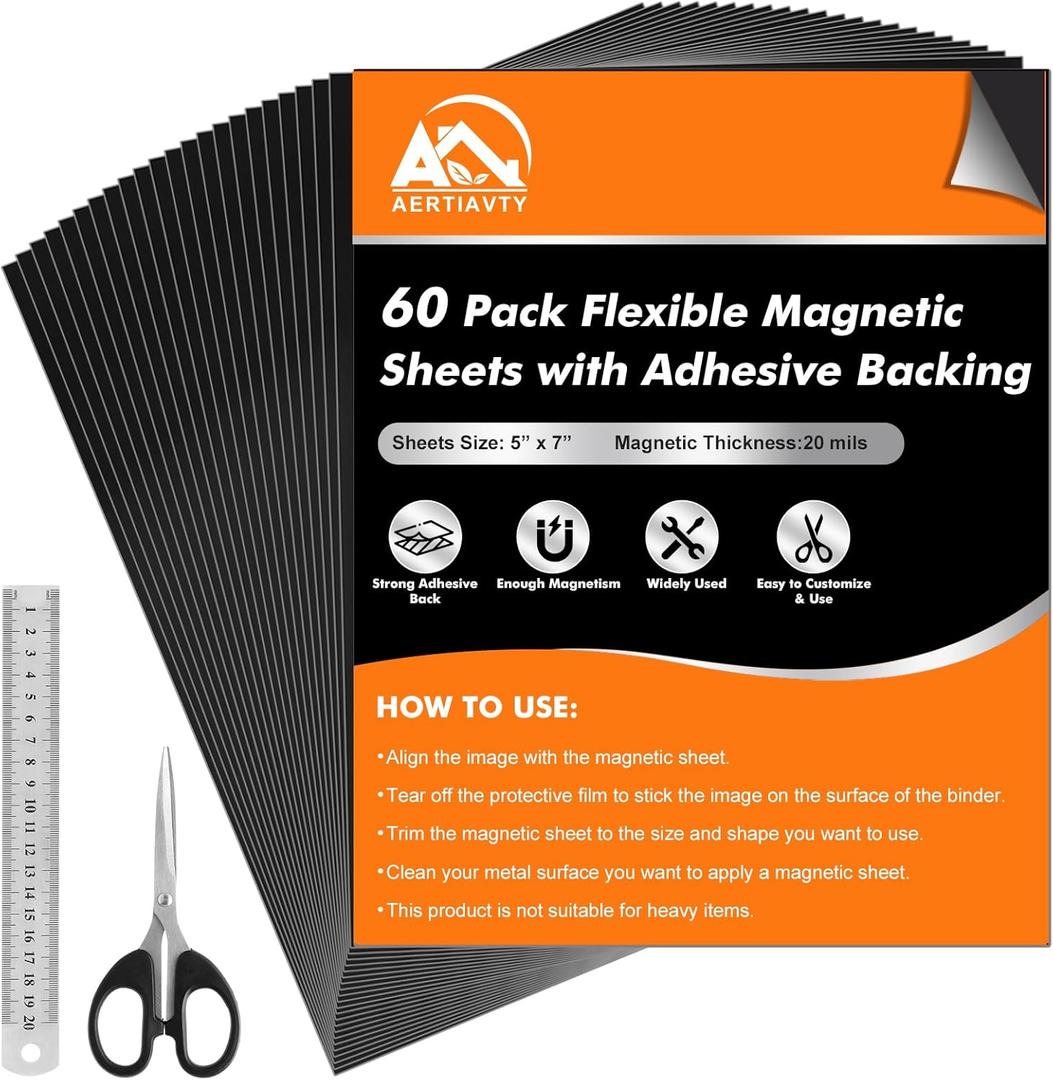 Aertiavty 60 Packs Magnetic Sheets with Adhesive Backing 5x7 Inch Adhesive Magnetic Sheets for Dies Storage - 20 Mil Magnetic Contact Paper Peel and Stick, Magnetic Strips with Adhesive Backing