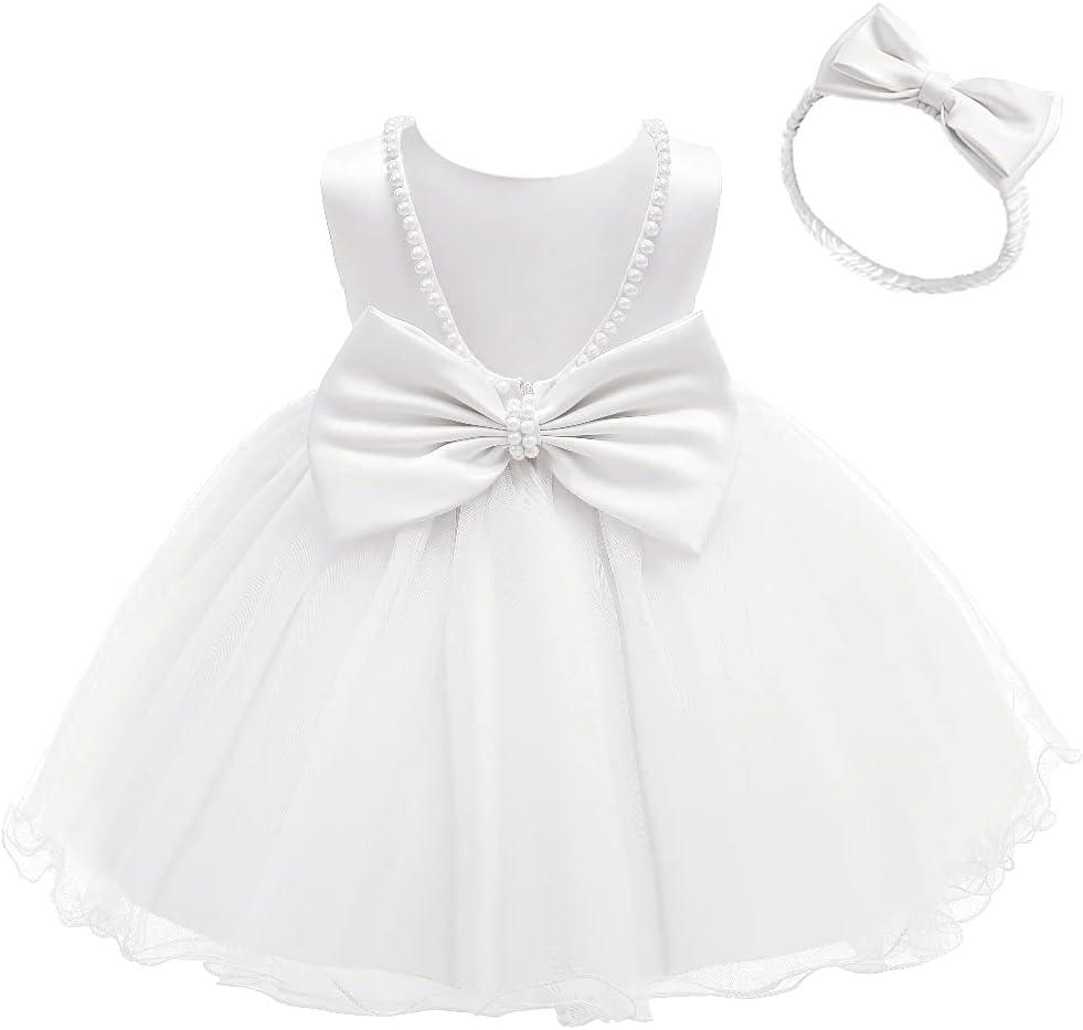 Baby Backless Pageant Dress Toddler Girls Tutu Gown Flower Dresses with Headwear (3-4T, White)