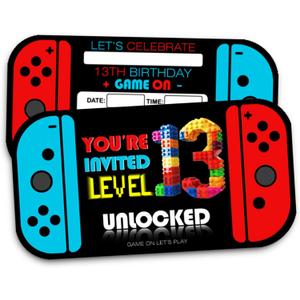 XIAOPNN Video Game 13th Birthday Party Invitation for Boys, 13 Years Old Kids Games Birthday Party Supplies, 30 Cards With 30 Envelopes (White)