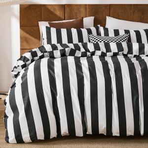 Merryword Black and White Striped Duvet Cover Set Queen Size - 100% Cotton Duvet Cover Set with Zipper Closure & 8 Corner Ties, 3-Piece Luxury Linen Like Bedding Set for All Seasons