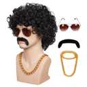 ColorGround 3-Pieces Chain and Moustache and Short Curly Wig for 70'S Disco Party (Black (4 pieces set))