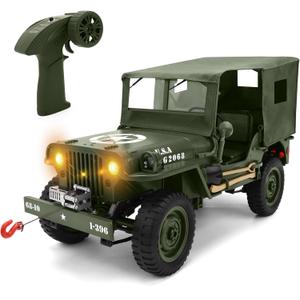 Remote Control Truck Off Road - 4x4 1/10 Scale Willys Army Rock Crawler RC Truck with Winch&Car Cover, 40Mins Play Time All Terrain Offroad RC Car, Military Vehicle Toys for Boys, Radio Controlled Car